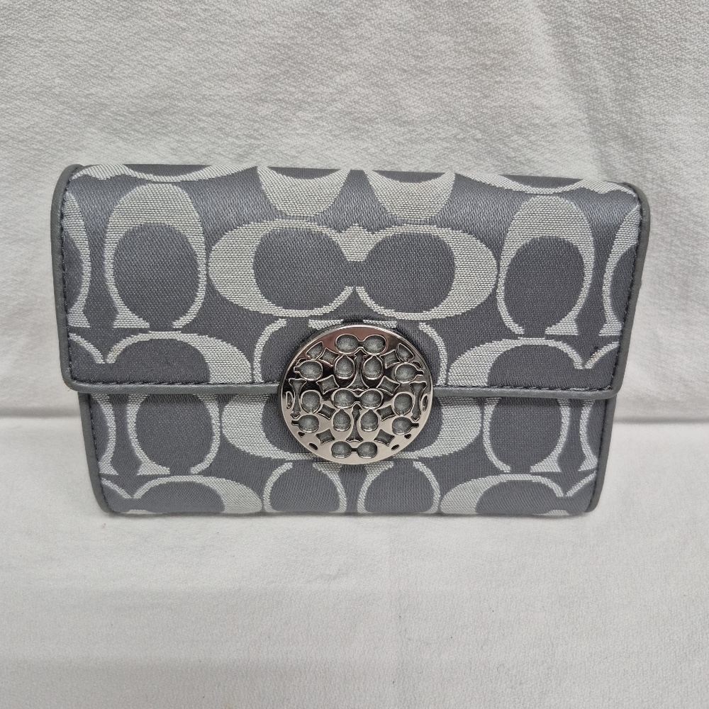 Coach Alexandra Sateen  Signature Trifold Wallet in gray and Blue